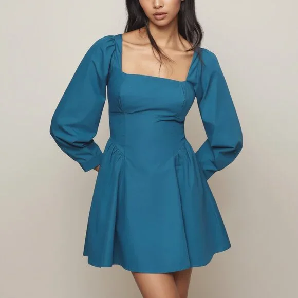 Anthropologie Square Neck Poplin Mini Dress Long Sleeve Teal NWT Size Small - Picture 1 of 15